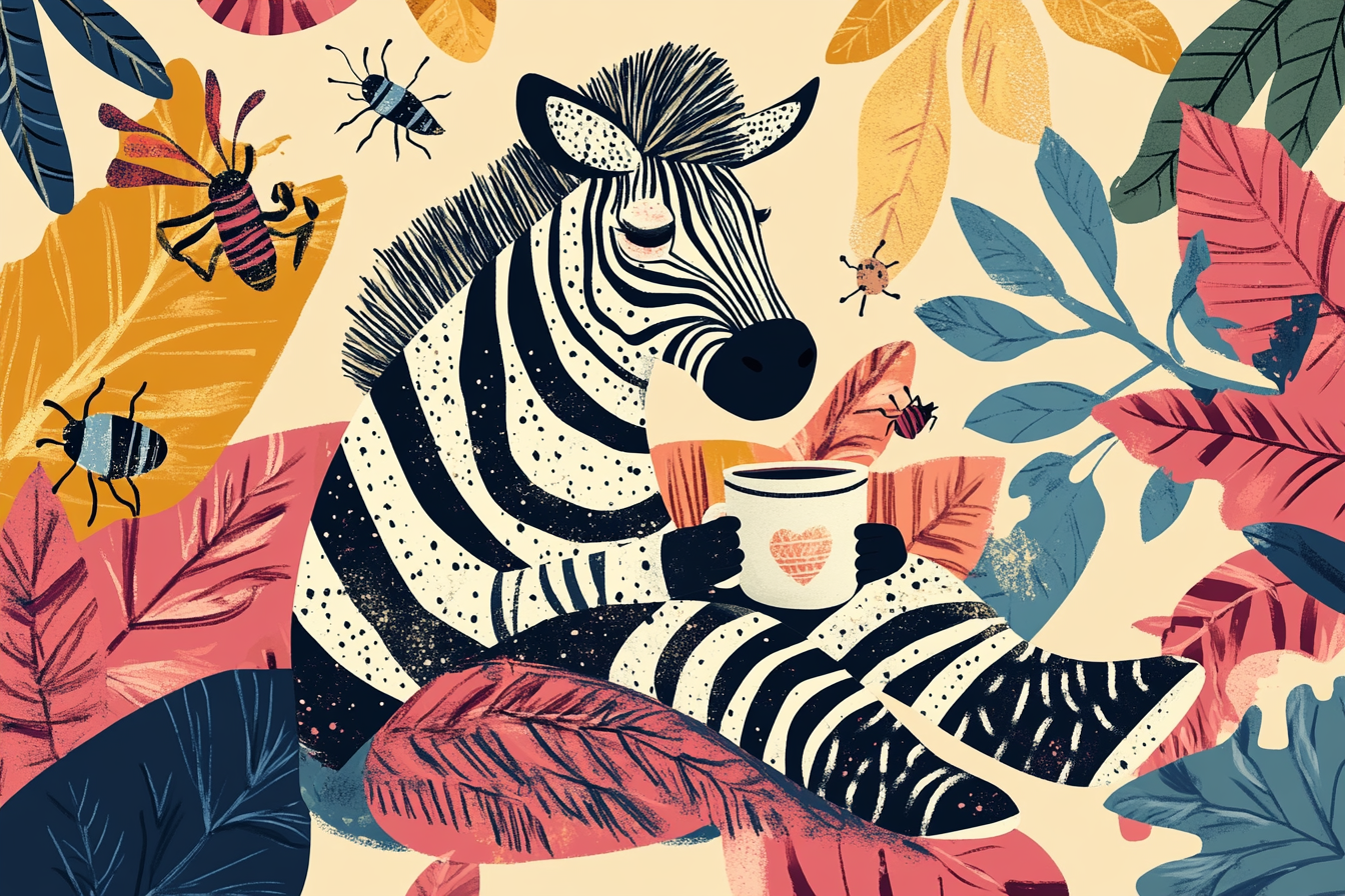 Funny zebra drinking coffee on leaves with insects.