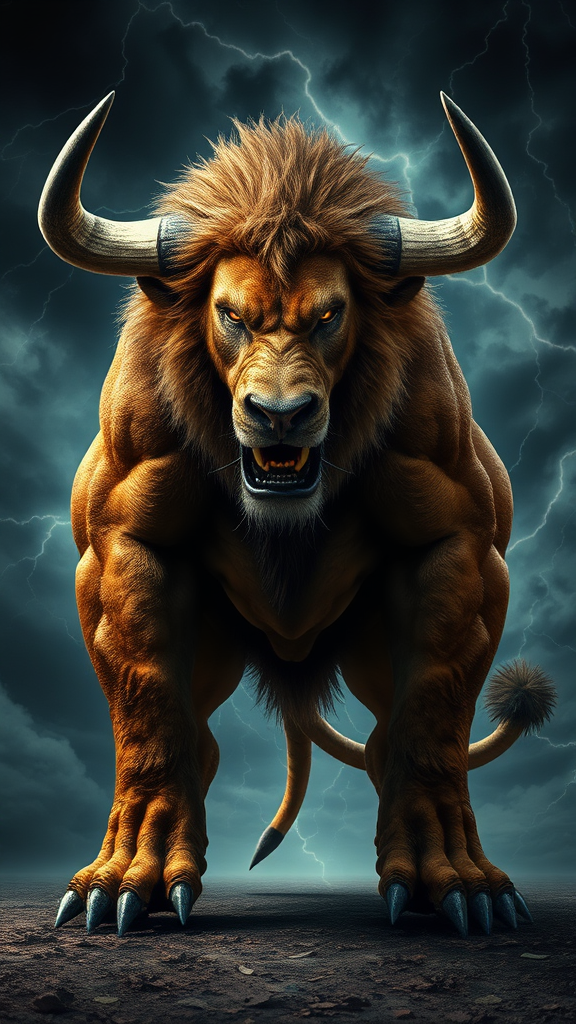 Furious Lion-Bull Hybrid in Stormy Sky