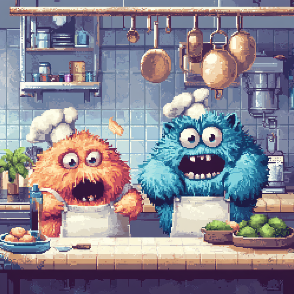 Furry monster chefs in pixel art kitchen game.