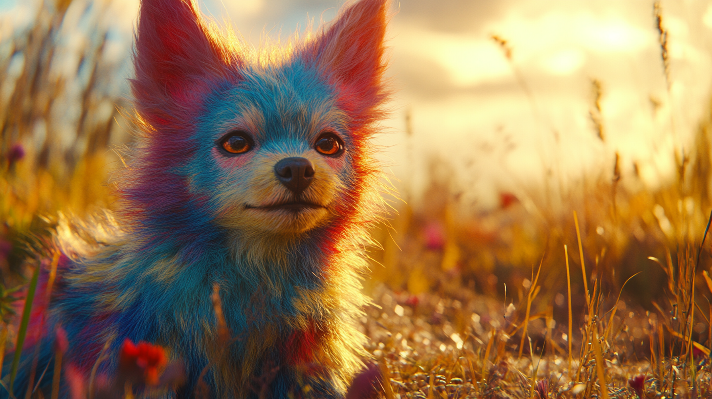 Furry mythical dog companion with bright colors in fantasy.