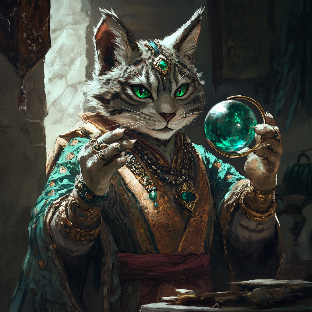 Furry tabaxi wearing jade robe, examining large emerald.