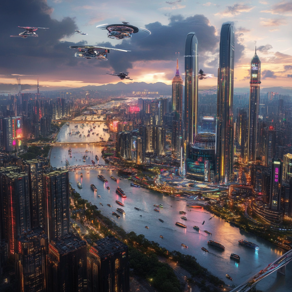 Future Beijing City: 7000s Realistic 3D Rendering with Flying People and Cars