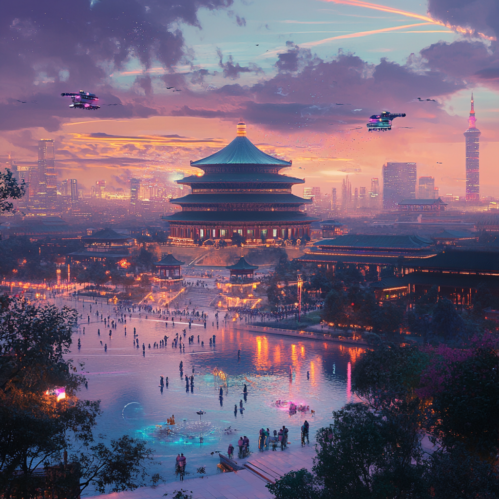 Future Beijing: 7000s Palace City Lights 3D Render