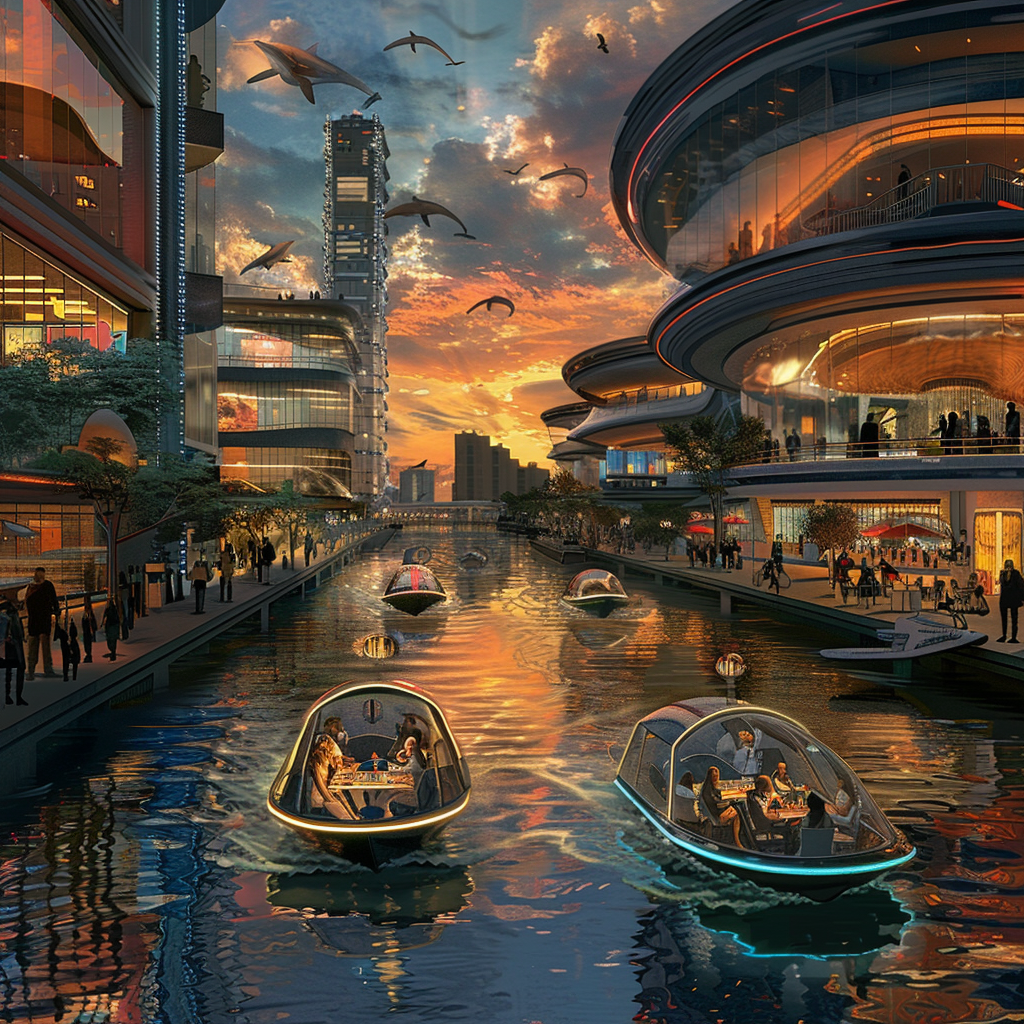 Future city with water taxis, dolphins, people, vibrant atmosphere