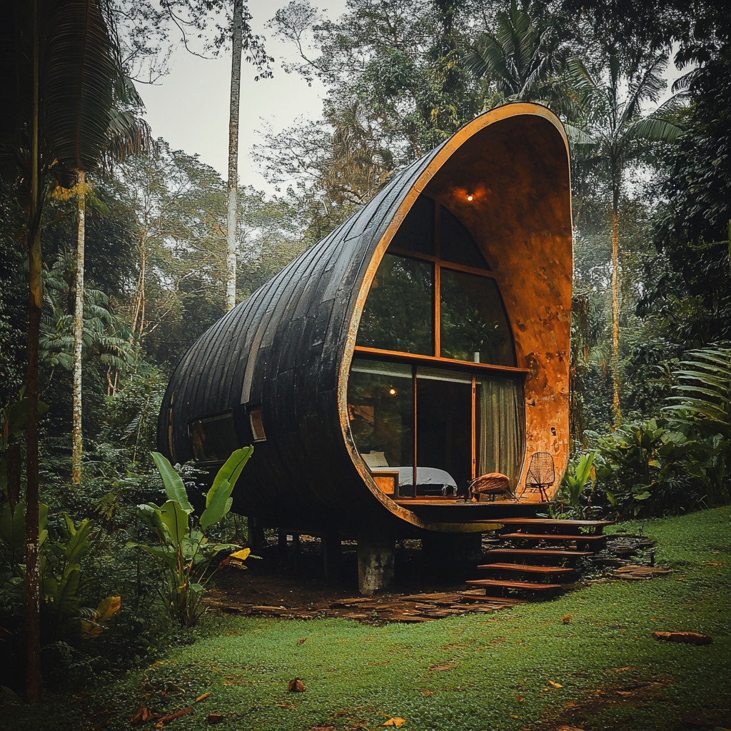 Future tiny house in jungle, budget-friendly, unique shape.