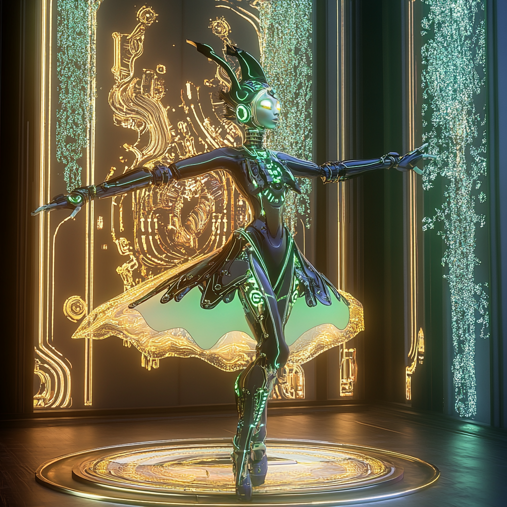 Futurist Dancing Robotic Elf in Bioluminescent Forest