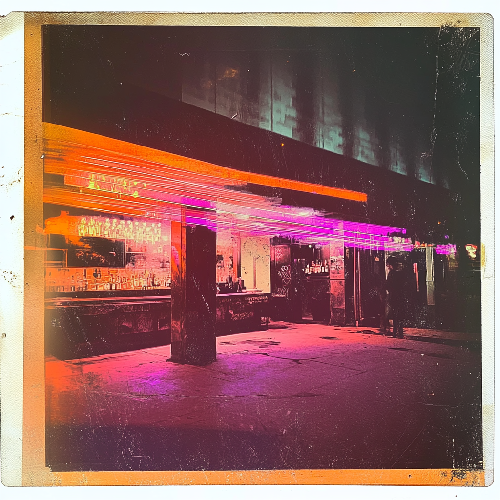 Futuristic 1960's Polaroid of funky party at bar.