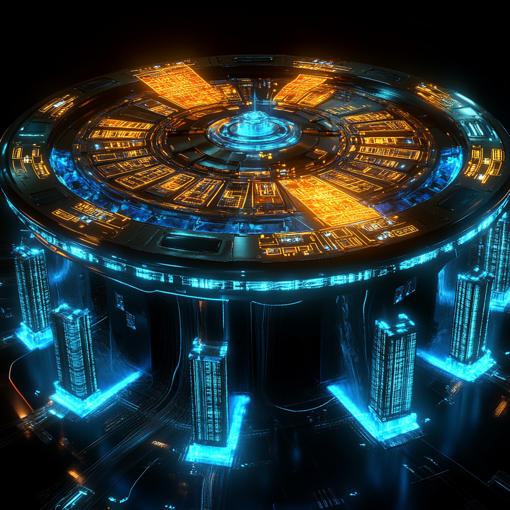 Futuristic 2030 Roulette Table with Glowing Gold Currency Symbols