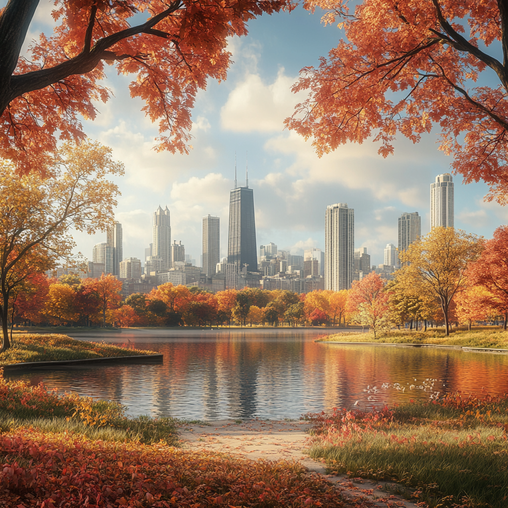 Futuristic 3D Chicago Cityscape with Autumn Trees