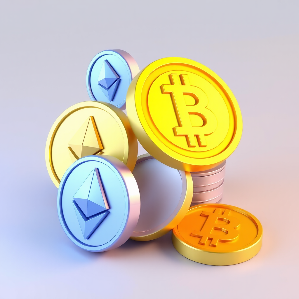 Futuristic 3D cryptocurrency icons of Bitcoin and Ethereum.