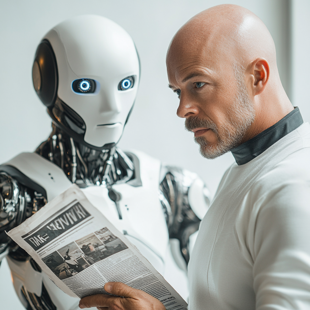 Futuristic AI Robot Gives Newspaper to Attractive Man