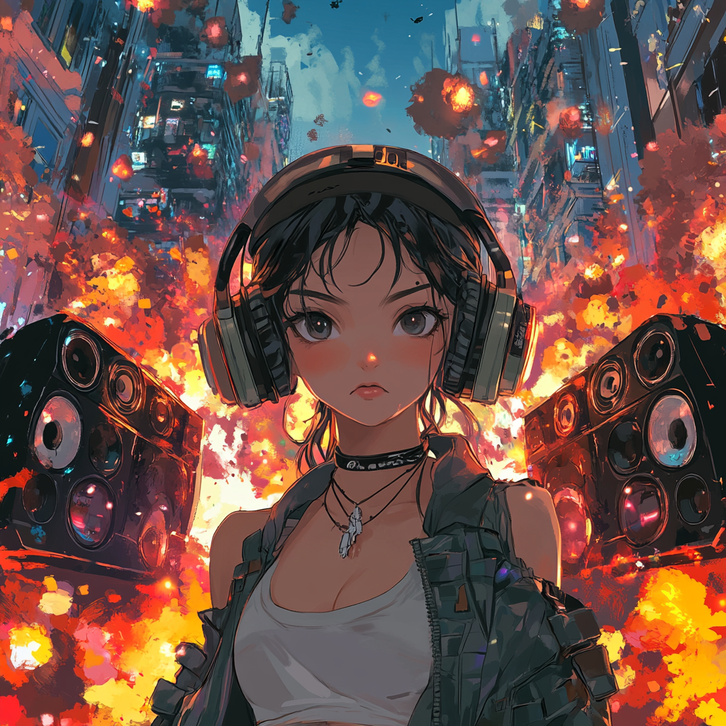 Futuristic Asian Cartoon Cover Album with Explosions