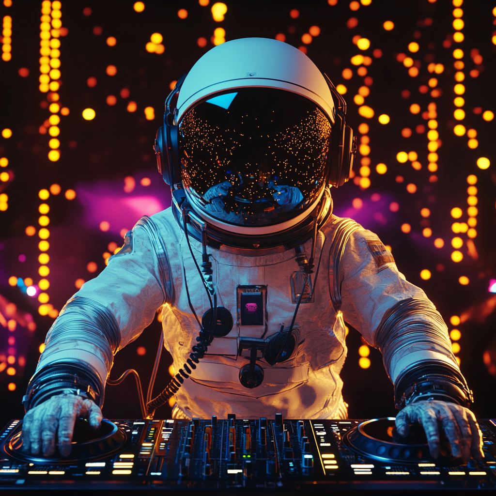 Futuristic Astronaut at Electronic Party with DJ Console