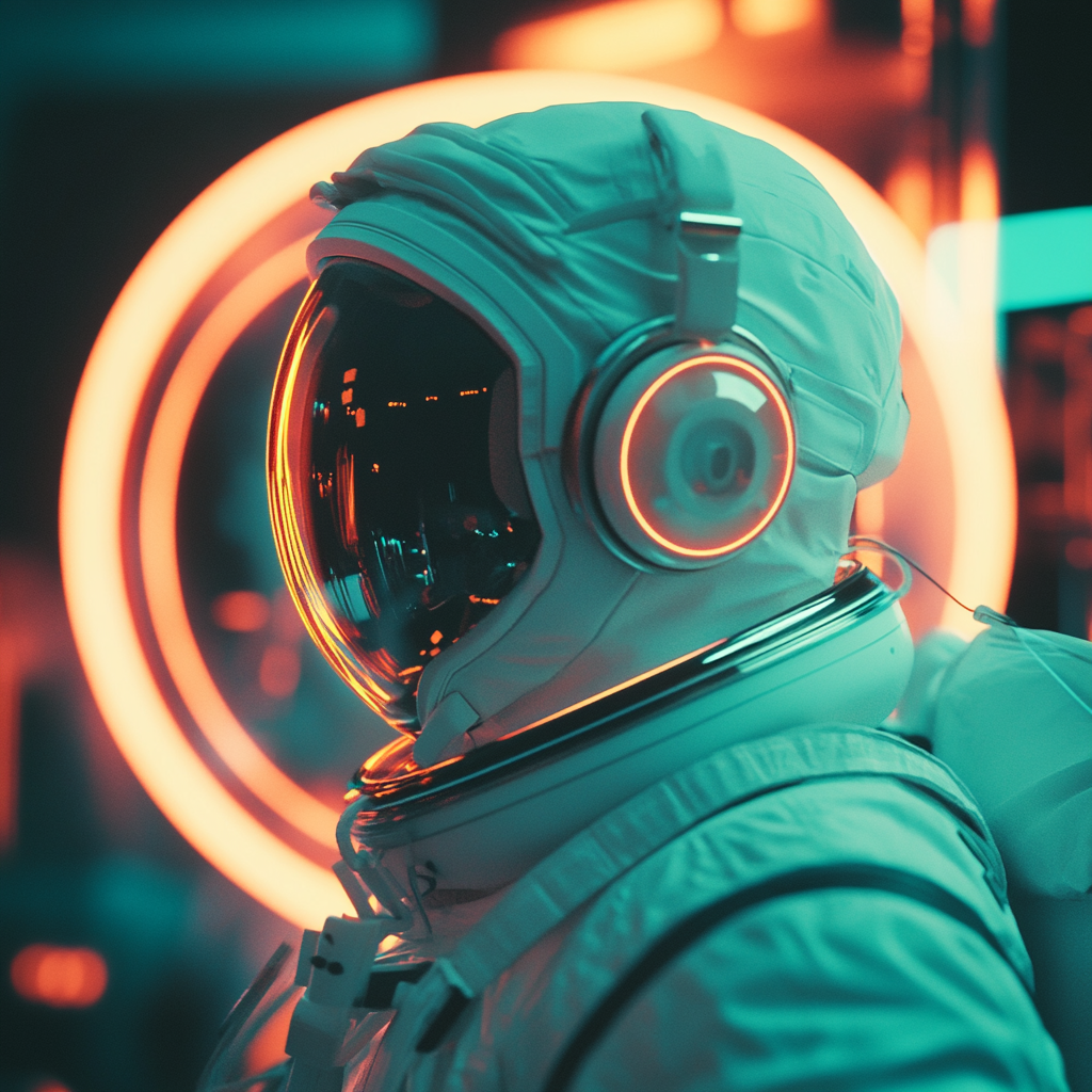 Futuristic Astronaut with Neon Panels, Electronic Party Atmosphere