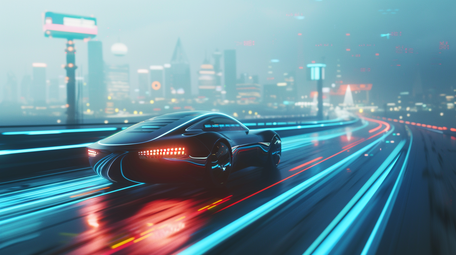 Futuristic Autonomous Vehicle on High-Tech Highway Cyberpunk Illustration