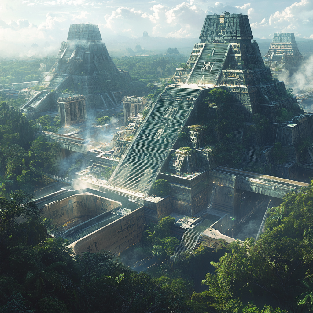 Futuristic Aztec-inspired city with glowing glyphs and jungle integration.