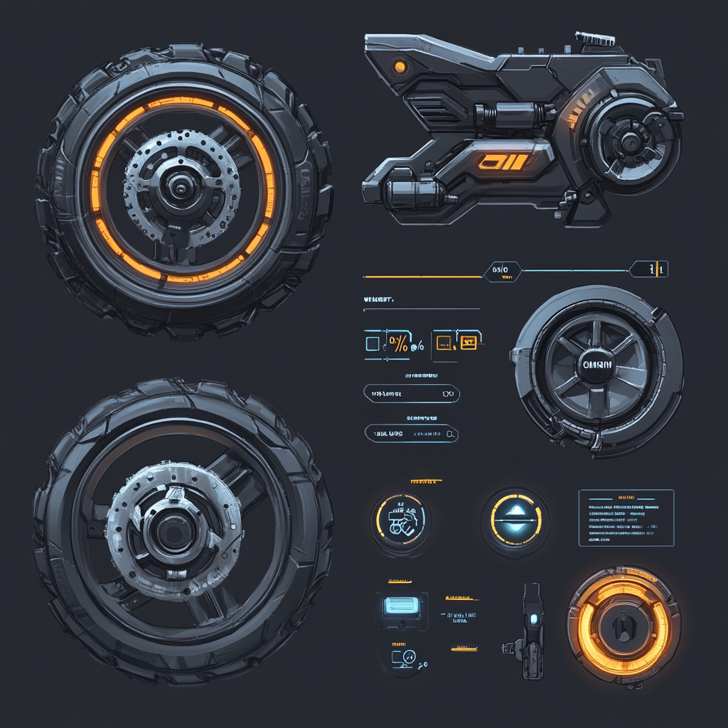 Futuristic Bike Transformer Panel: Tires, Brakes, Progress Bars