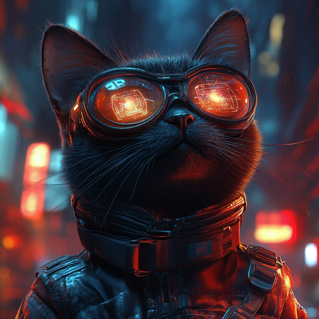 Futuristic Black Cat in Holographic Cityscape - 3D Cartoon