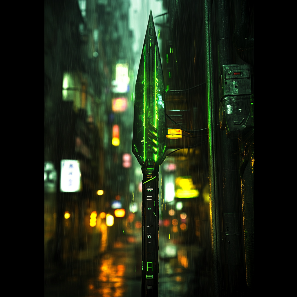 Futuristic Black Spear Glowing Green in Neon City