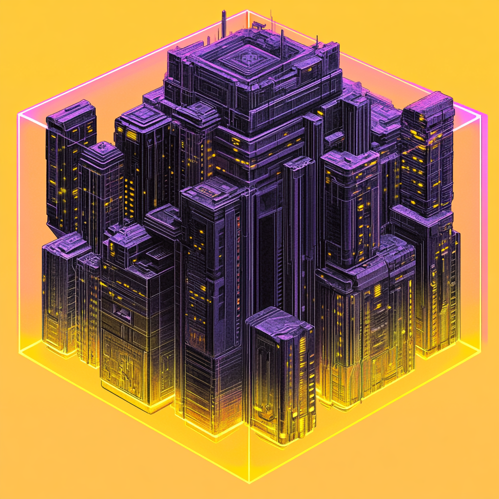 Futuristic Buildings in Colorful Transparent Cube