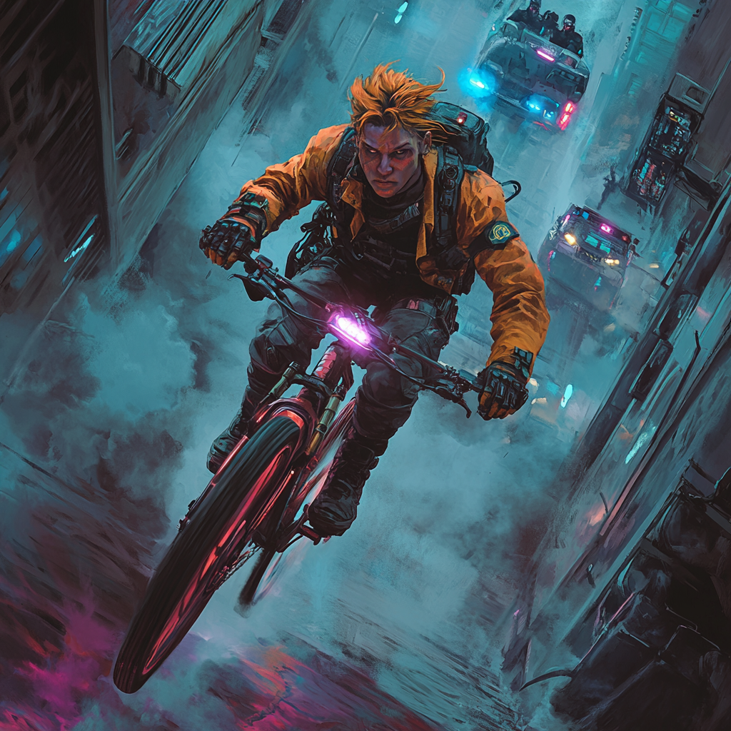 Futuristic Chase: Cyberpunk Cyclist vs High-Tech Police