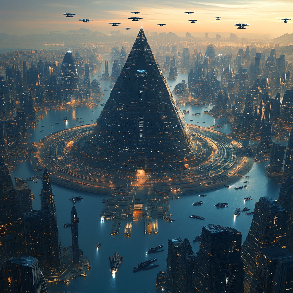 Futuristic City with Pyramid and Flying Vehicles