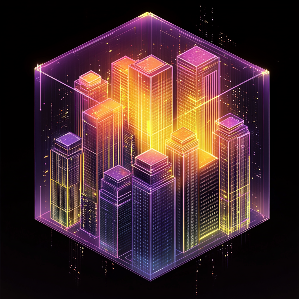 Futuristic Cityscape in Gradient Cube at Night