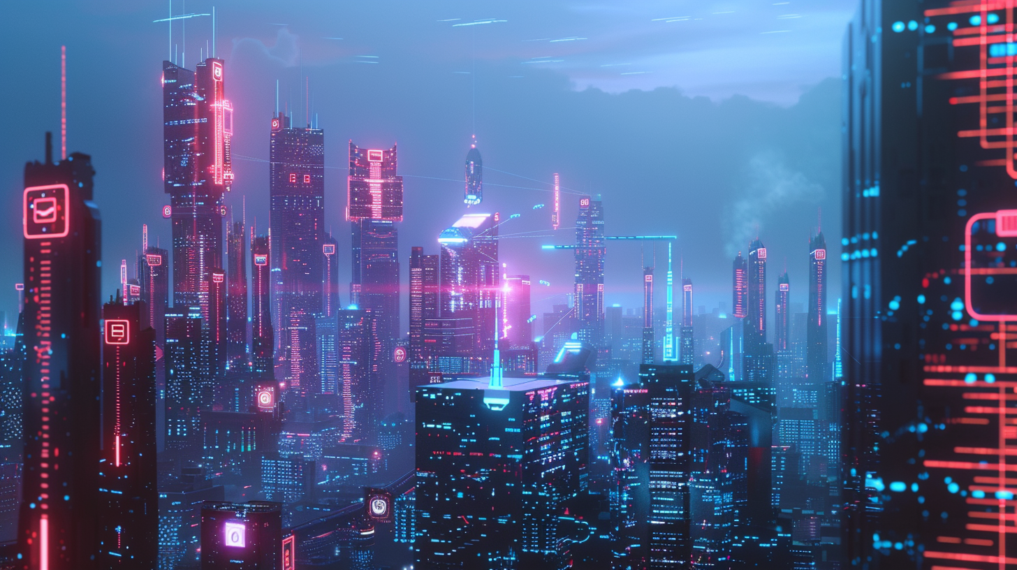 Futuristic Cityscape with Glowing AI Circuits 