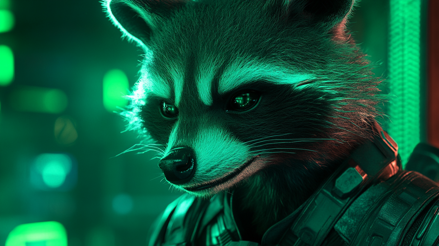 Futuristic Cyborg Raccoon in Green Neon Light