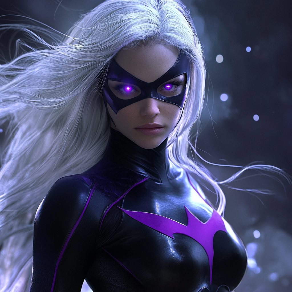 Futuristic Female Superhero in Black and Purple Costume 