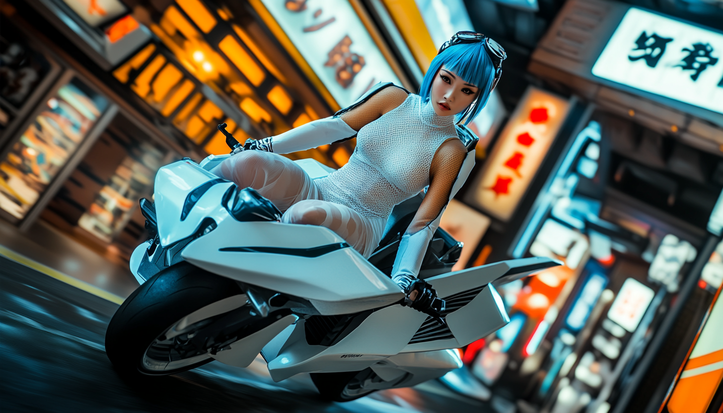 Futuristic Flying Bike Rider in Neon Cyber City