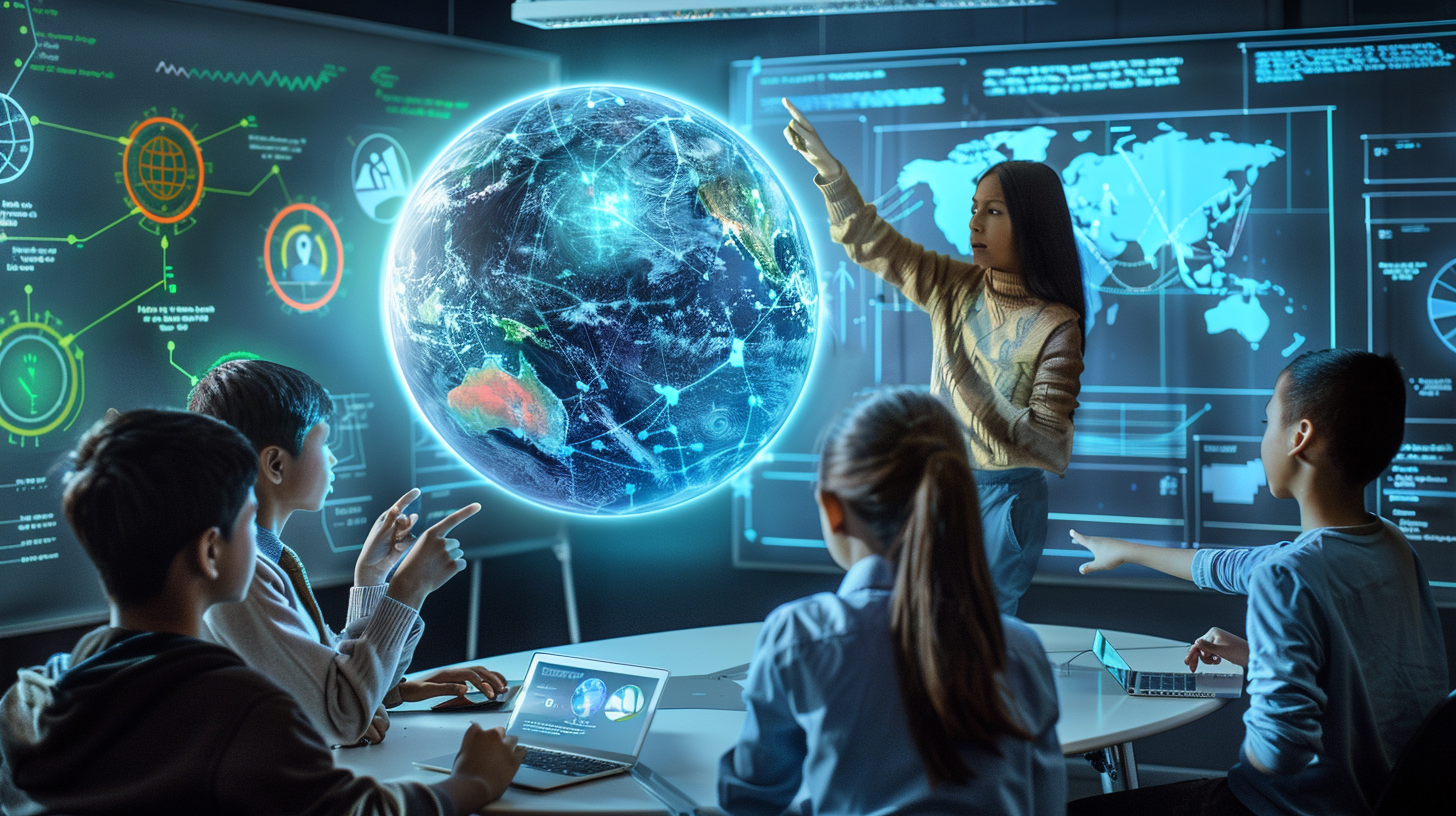 Futuristic Geography Classroom with Holographic Globe and Interactive Maps