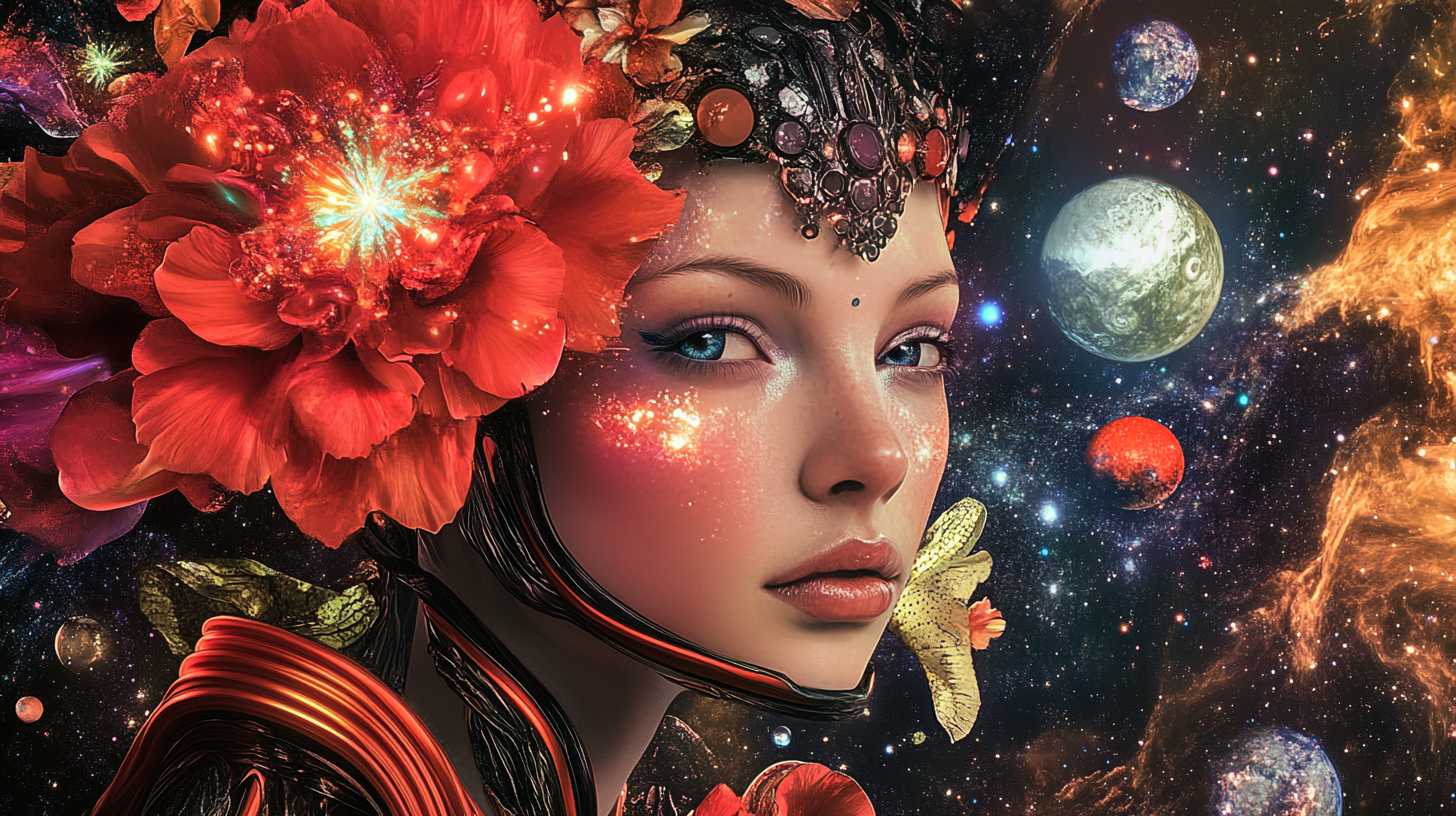 Futuristic Goddess with Red Flower on Venus Throne