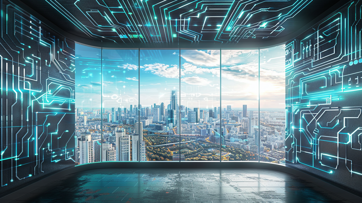 Futuristic High-Tech Office Interior with AI Circuitry Wall