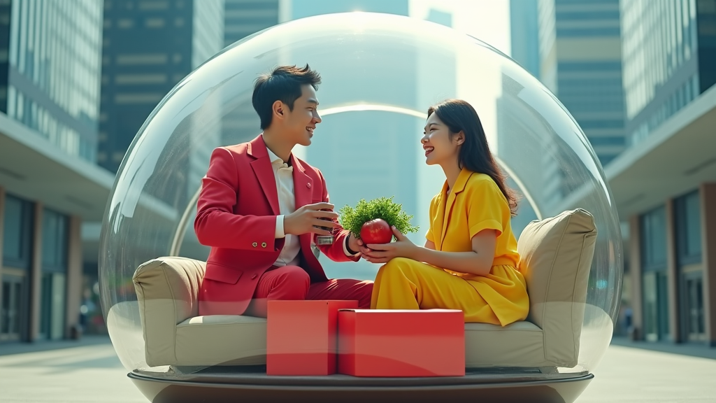 Futuristic Japanese Couple in Spaceship with Fruit