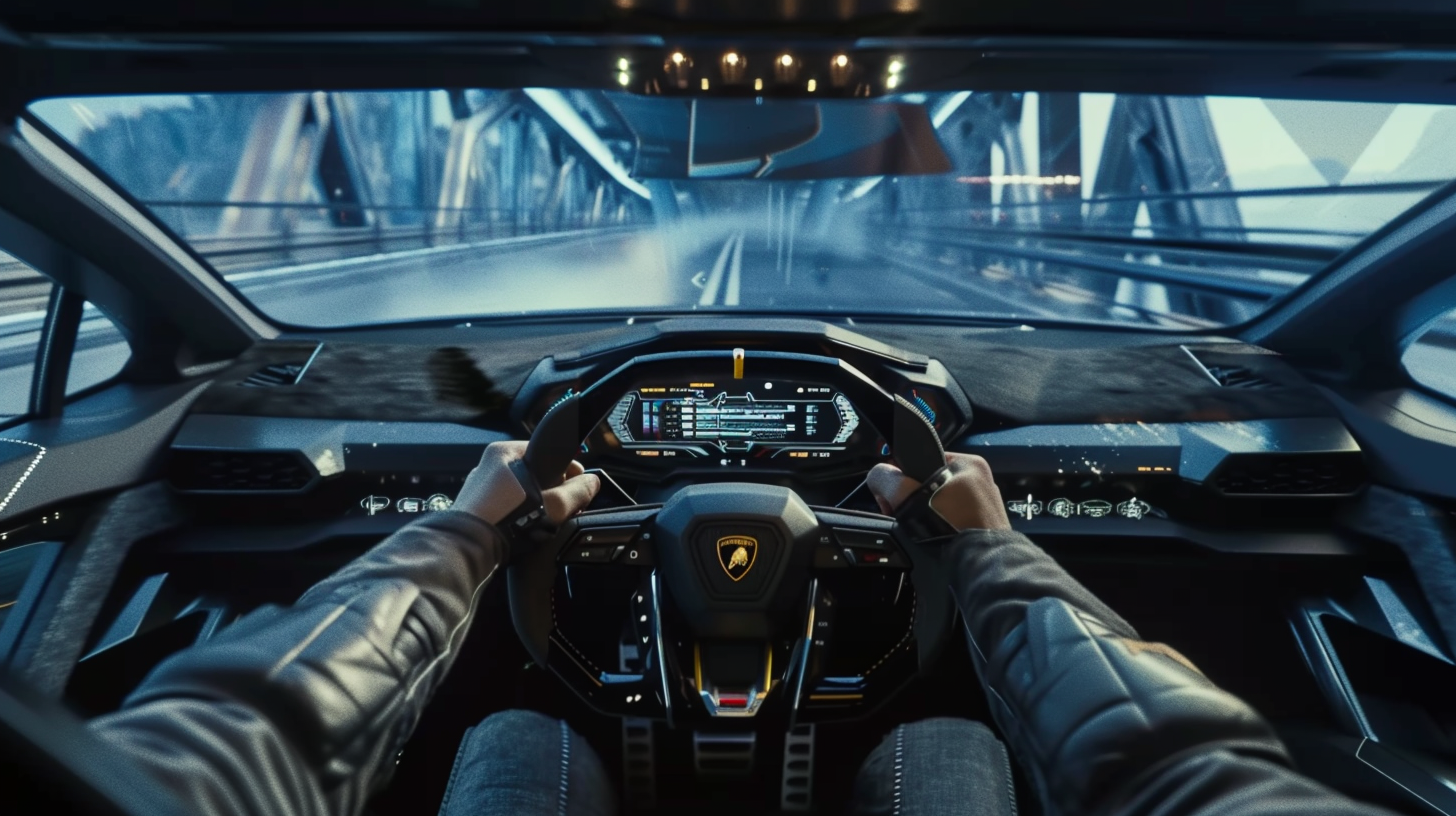 Futuristic Lamborghini Urus with Digital Screen, Driver on Bridge