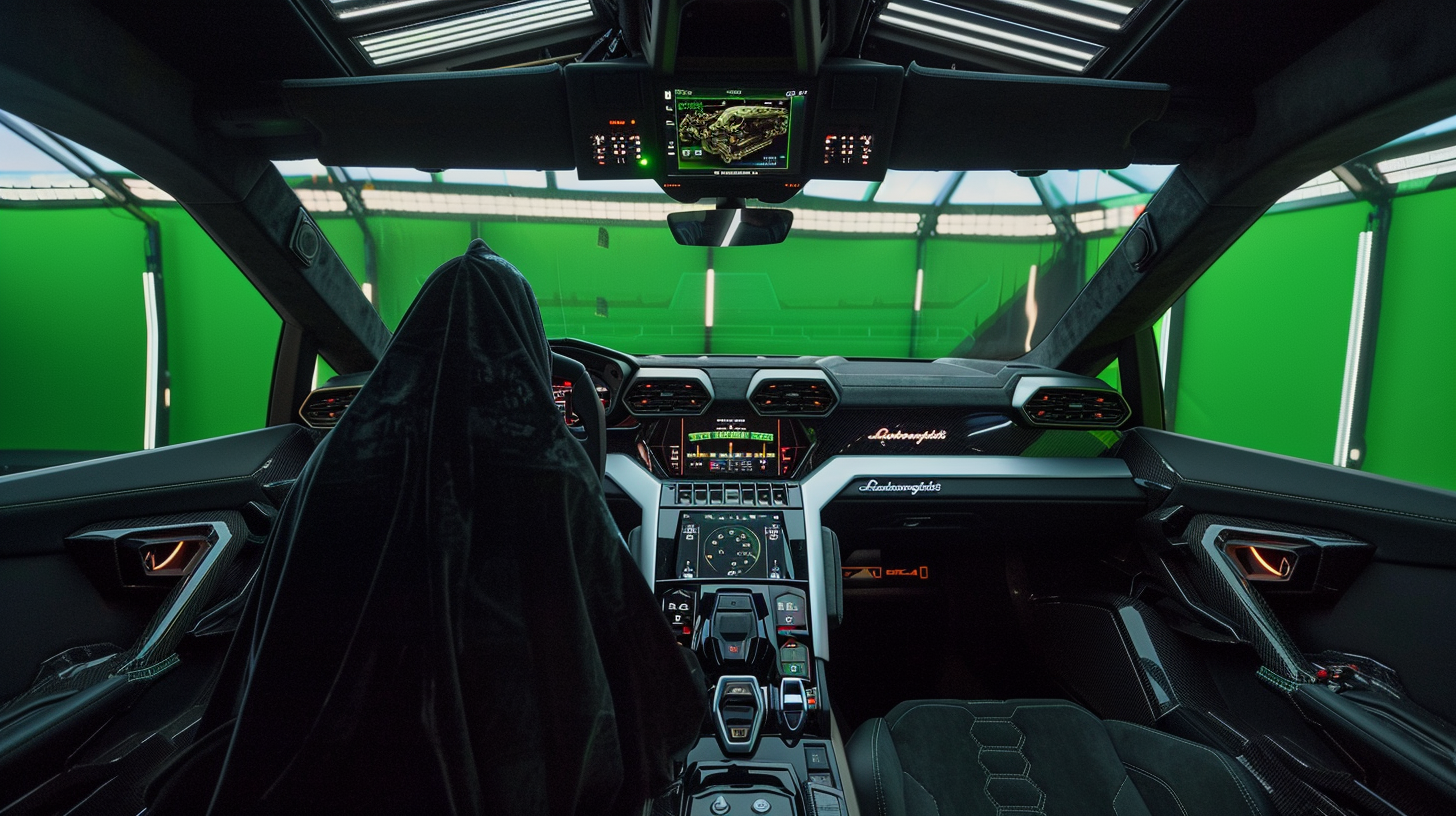 Futuristic Lamborghini cockpit with pilot in black cape.