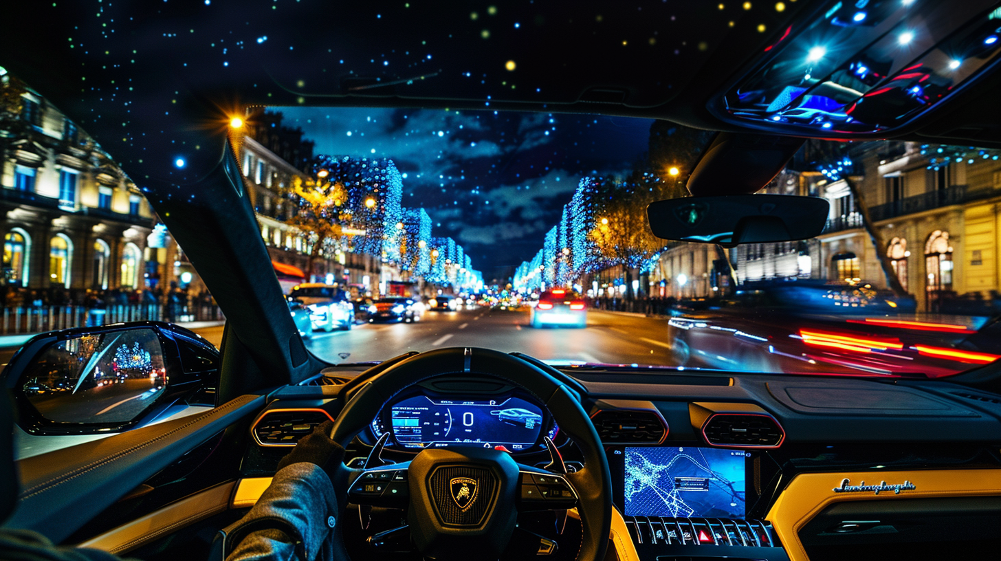 Futuristic Lamborghini with Man in Black Cape on Champs Elysées in Paris at Night