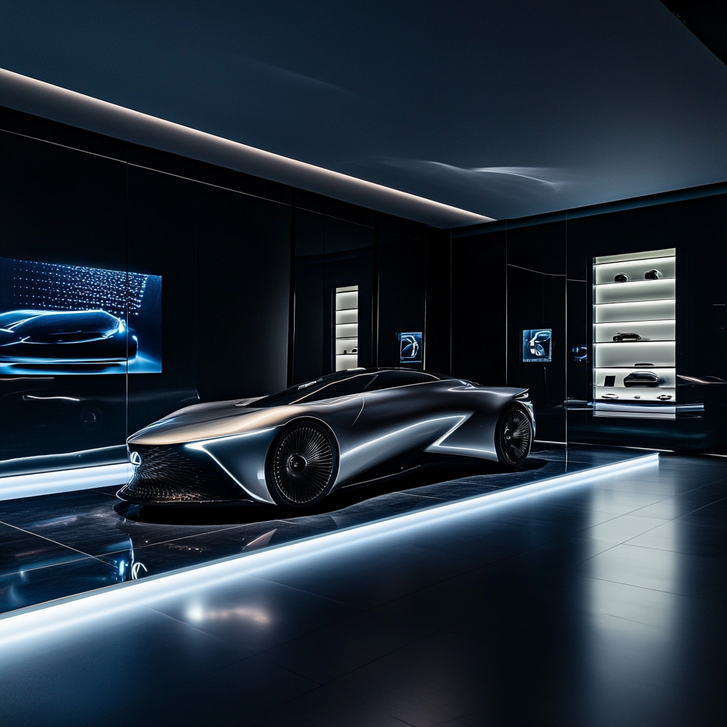 Futuristic Lexus car showcased in future showroom.