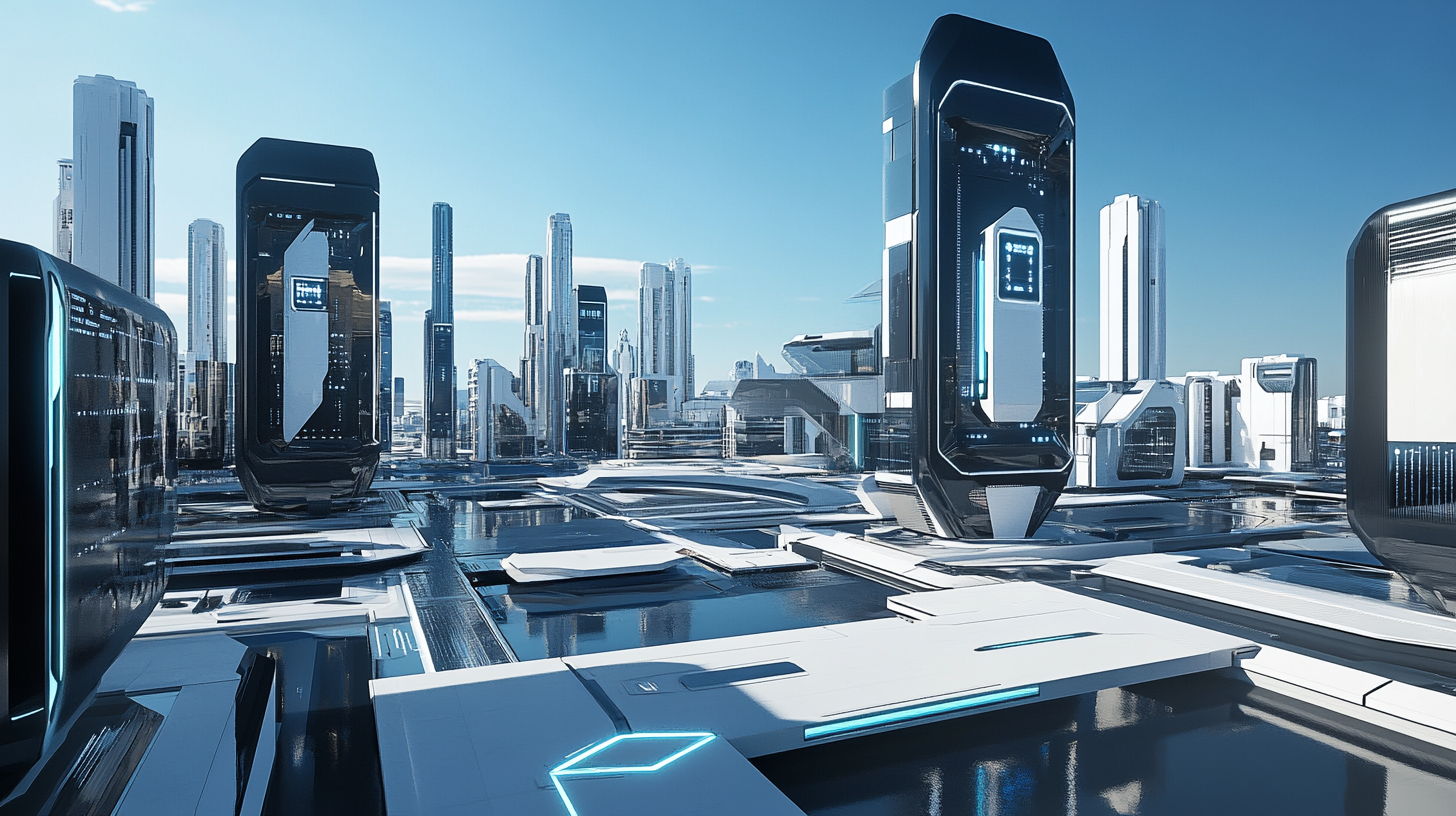 Futuristic Modern Electric city with black and blue buildings.