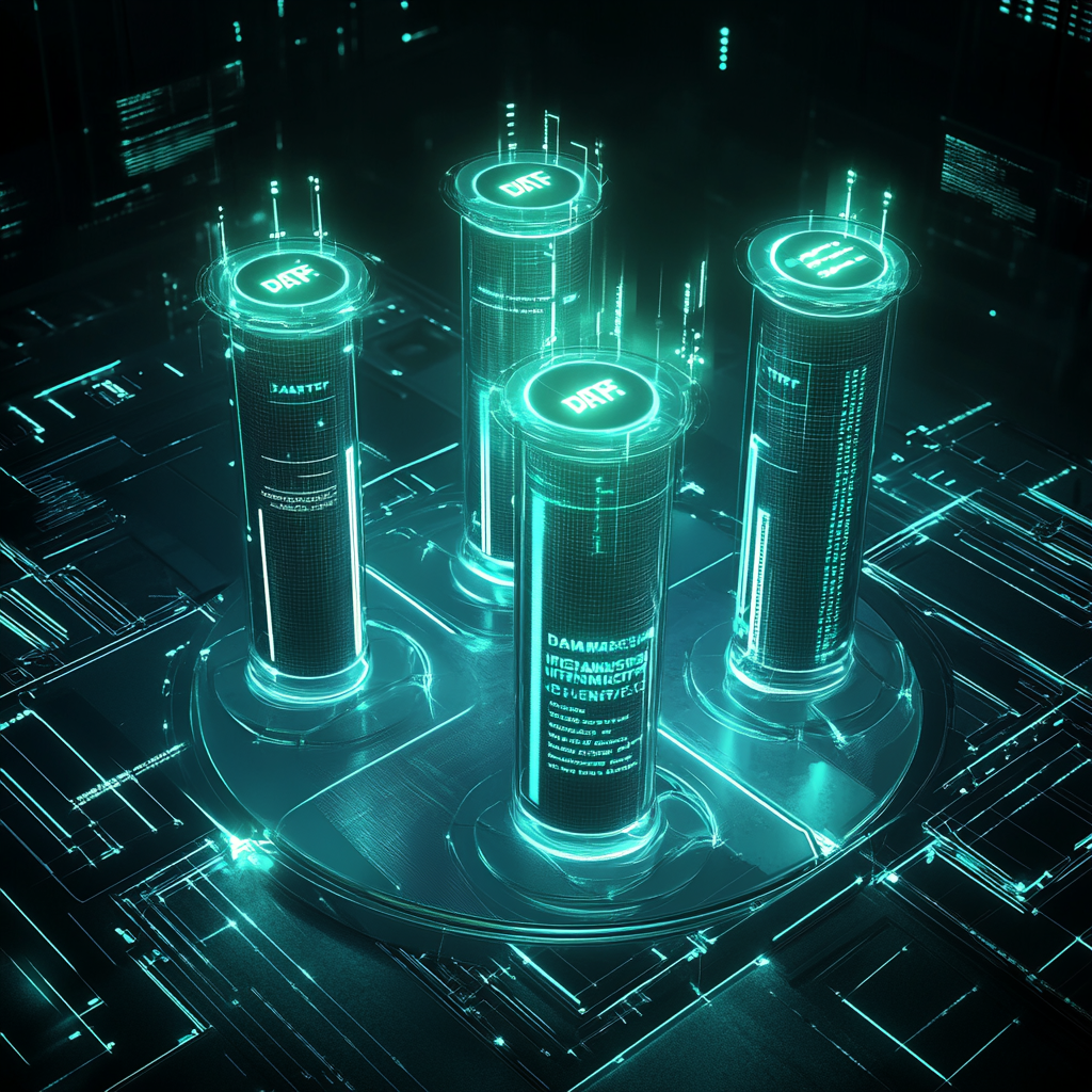 Futuristic Platform with Glowing Pillars and Holographic Text