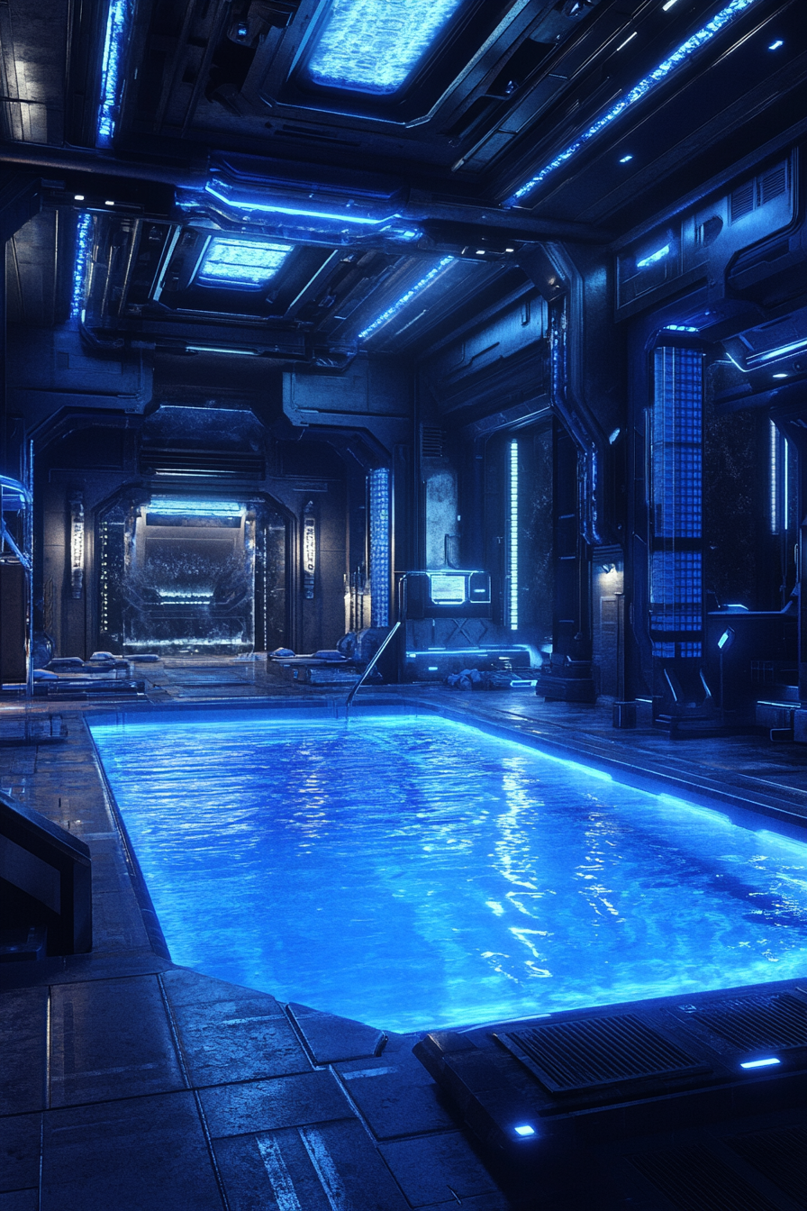 Futuristic Pool with Blue Neon Lighting and Anime Aesthetic