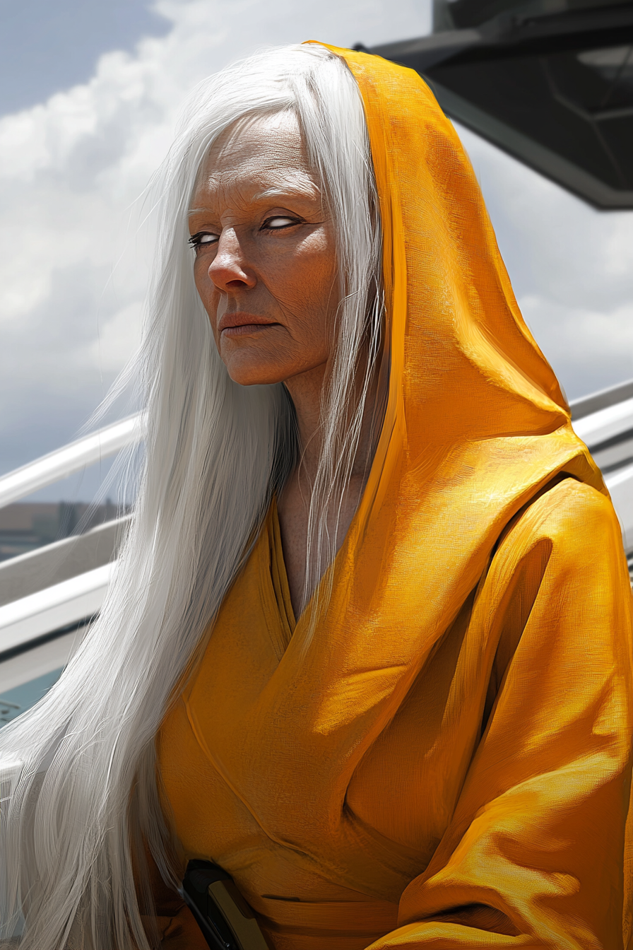 Futuristic Sci-Fi Portrait of Mature Woman, Orange Skin