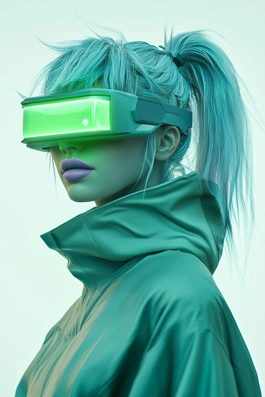 Futuristic Sci-Fi Woman Portrait, Powder Blue Hair, Green Robe