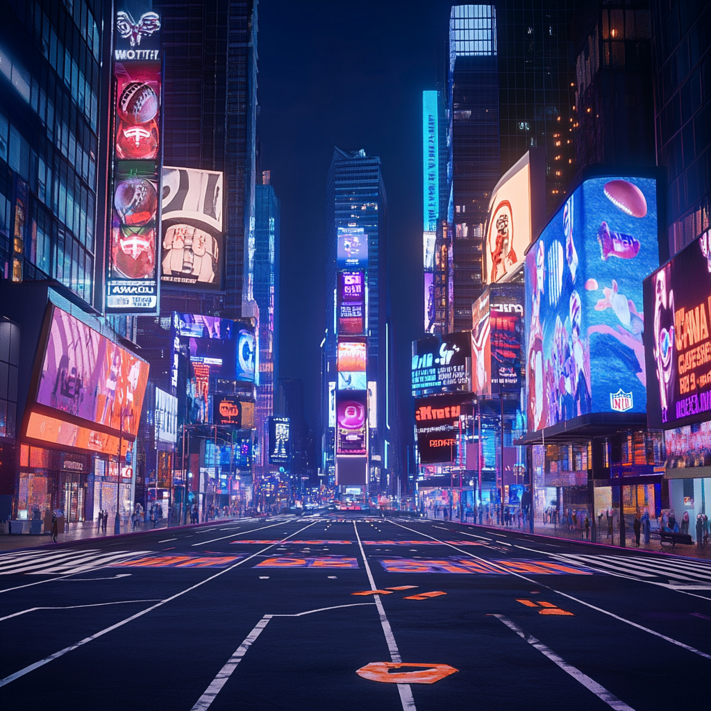 Futuristic Times Square with football billboards, no cars.