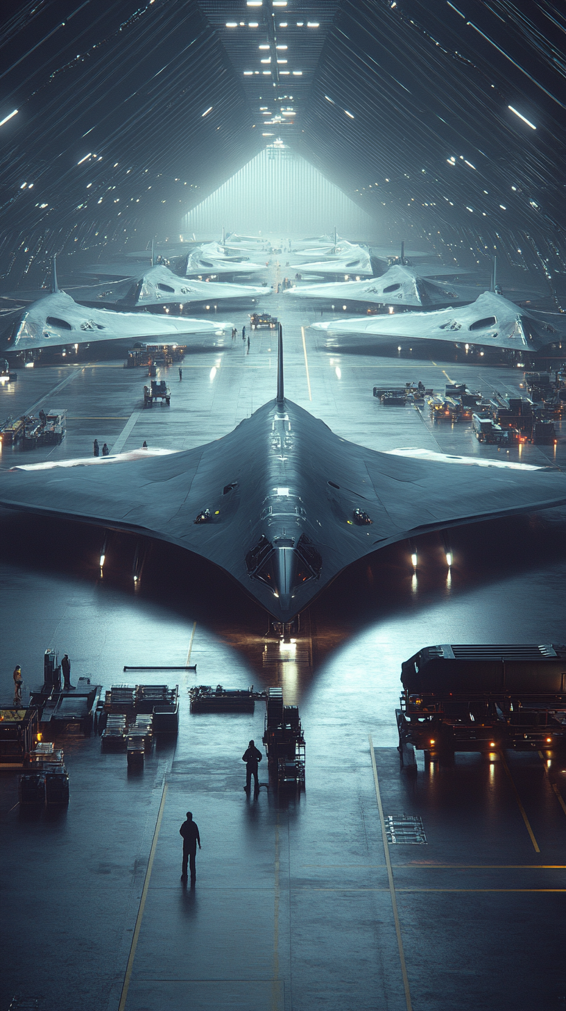 Futuristic airbase with B-21 Raiders being prepped. Hyper-realistic.