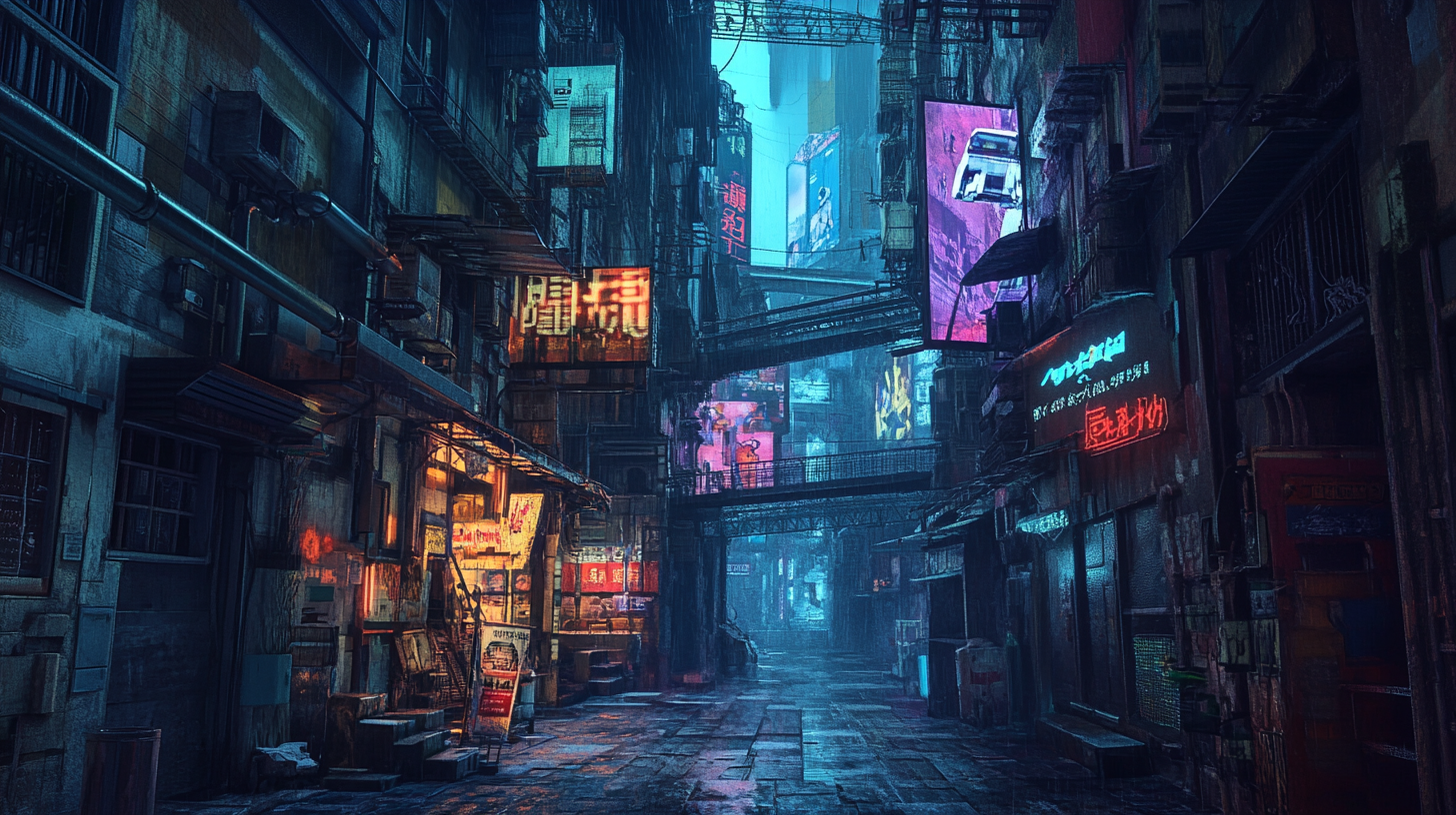 Futuristic alley at night with neon lights from billboards.