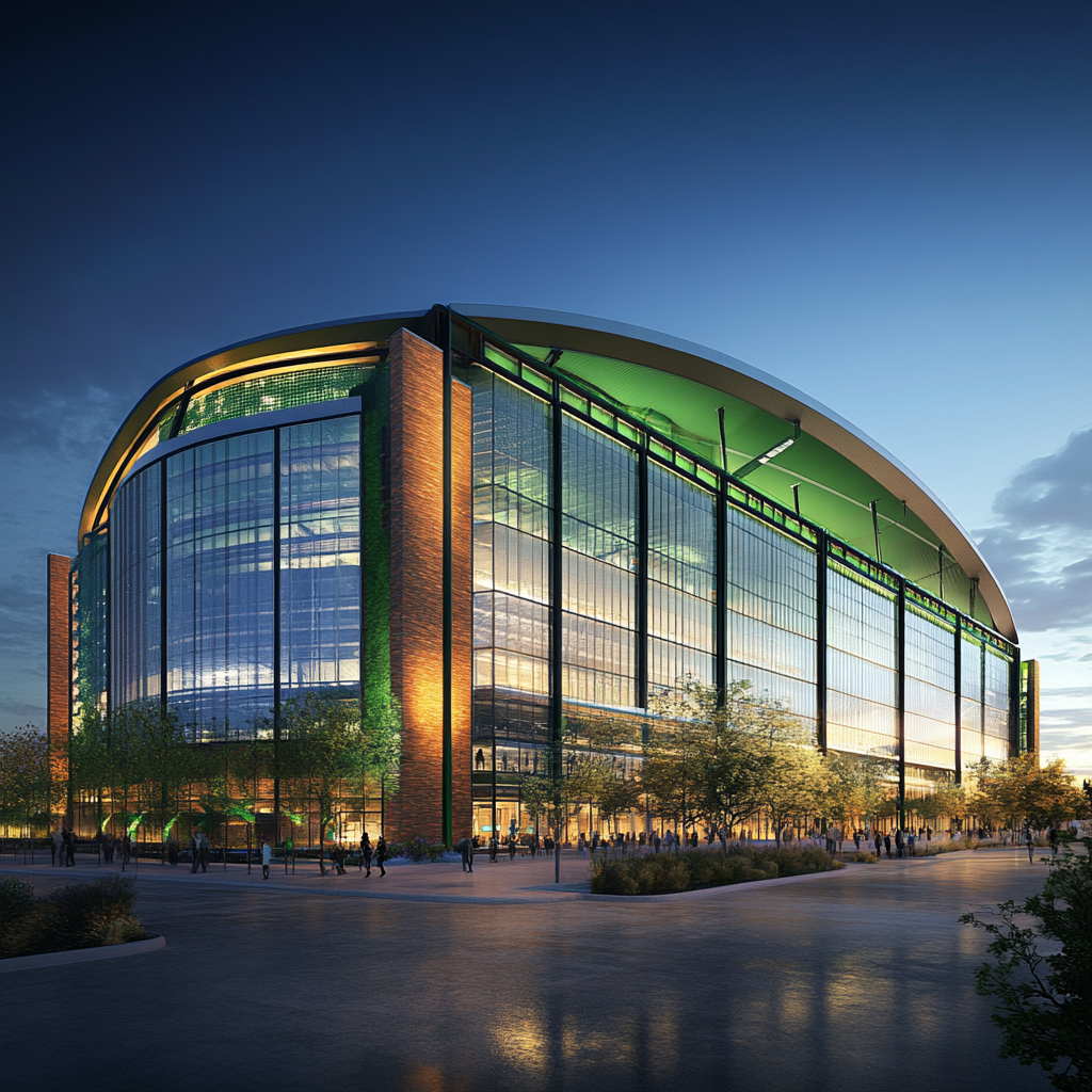 Futuristic arena with metal panels and glass atrium