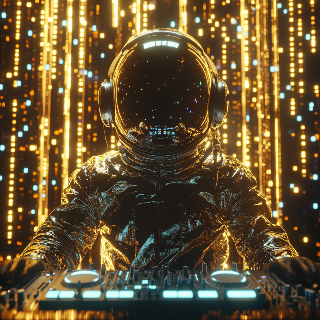 Futuristic astronaut at electronic party with neon lights