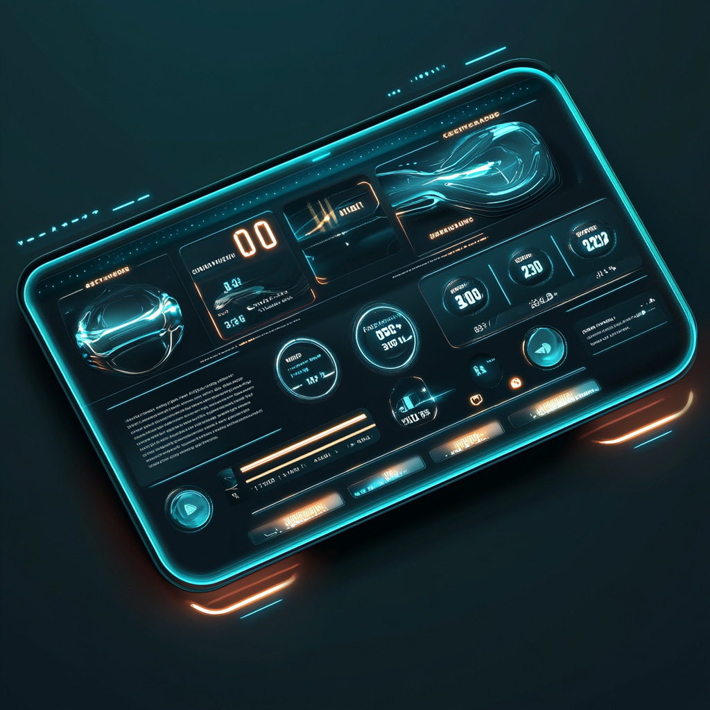 Futuristic automotive interface design with glassmorphism.